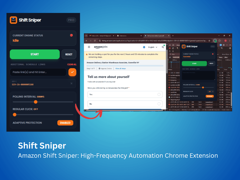 Amazon Shift Sniper: High-Frequency Automation Chrome Extension - 6 Upwork-verified Amazon automation Chrome extensions: sub-second slot detection, OTP capture via IMAP, multi-profile broadcast triggering, AWS WAF & Shadow DOM CAPTCHA bypass, real-time stat dashboards, and portal session auto-recovery by Pasindu Piumal