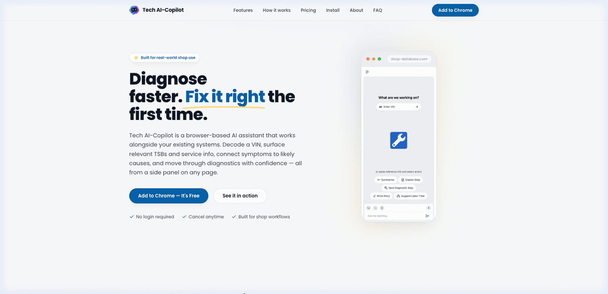 Tech Copilot — Automotive AI Chrome Extension (Manifest V3 · Live SaaS)